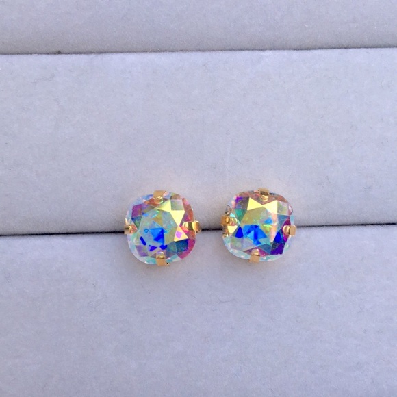 Jewelry - Aurora Borealis + Gold Cushion Cut Crystal Earrings